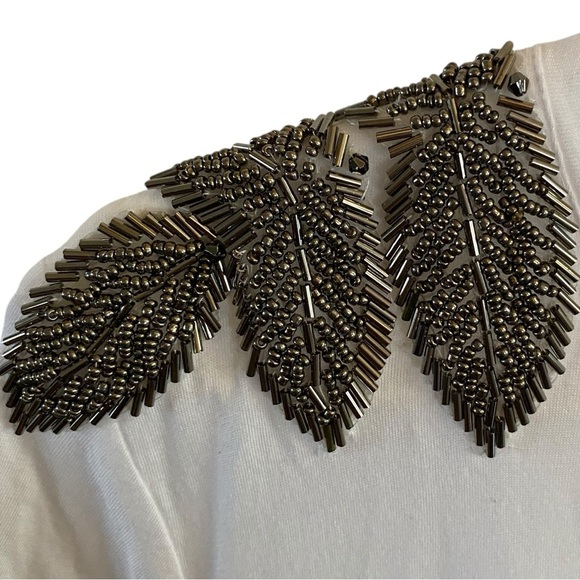 123 White Cotton T-shirt Top Embellished Zirconium Beaded Shoulders blouse - Picture 8 of 8